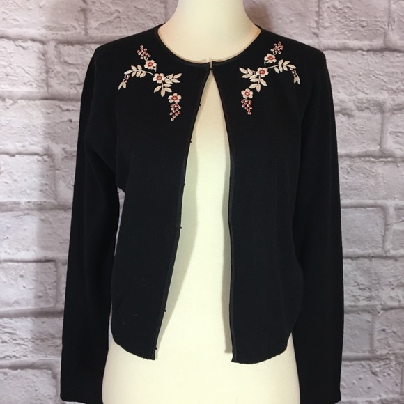 black cardigan with flowers